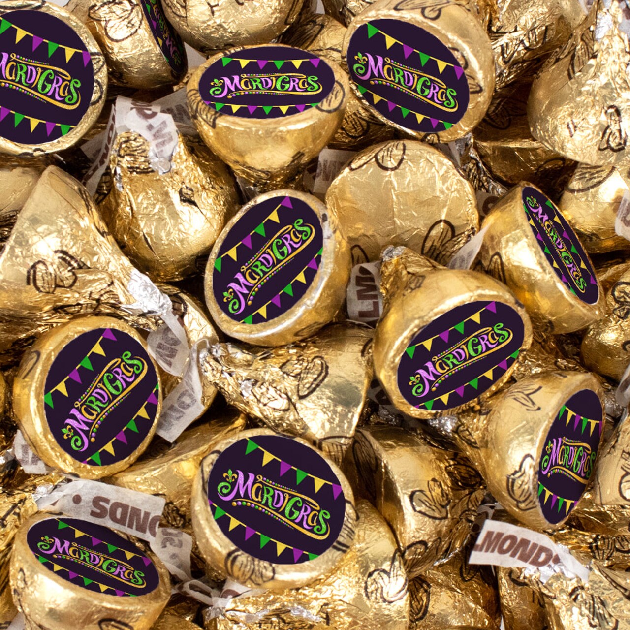 340ct Mardi Gras Gold Stickered Milk Chocolate Almond Kisses Individually Foiled Party Favors for Candy Buffets, Goodie Bags & Festive Celebration Gifts